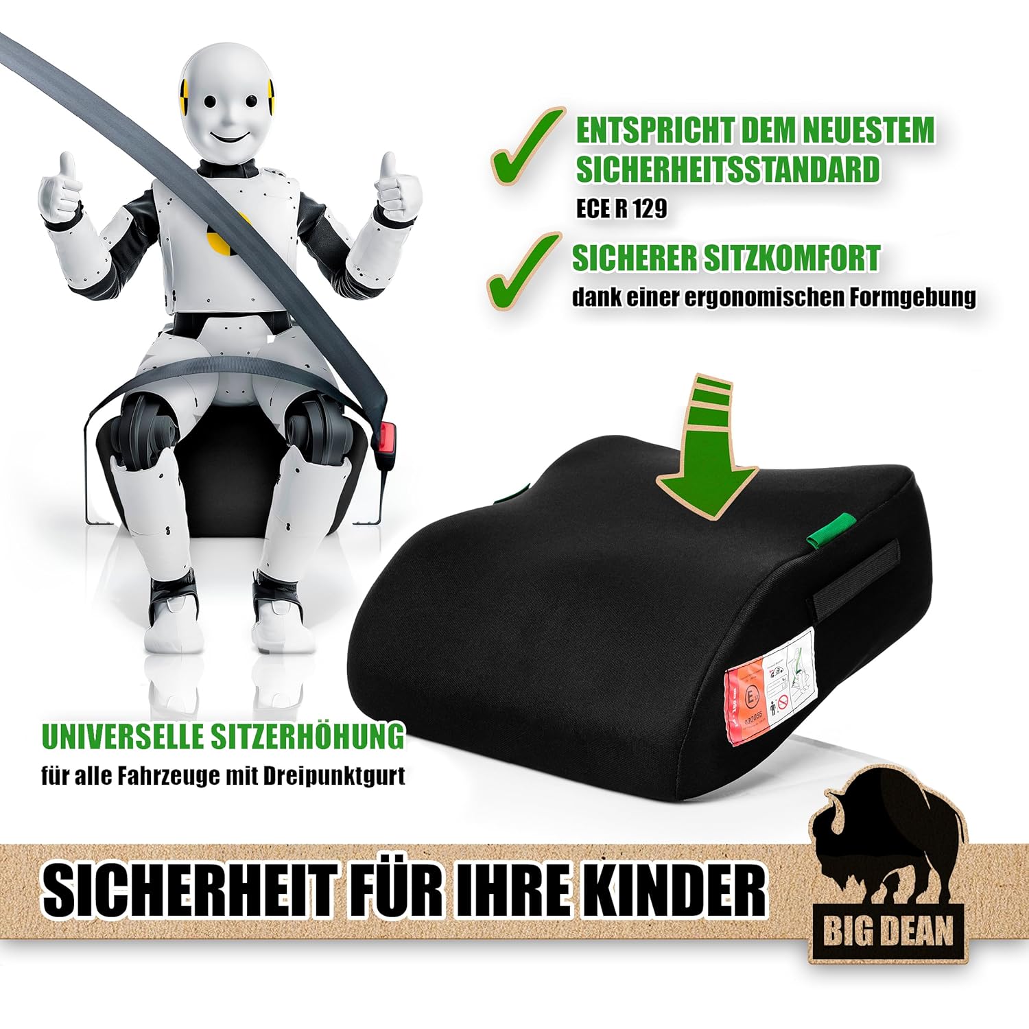 BigDean i - Size Kindersitzerhöhung R129, 135–150 cm, Schwarz