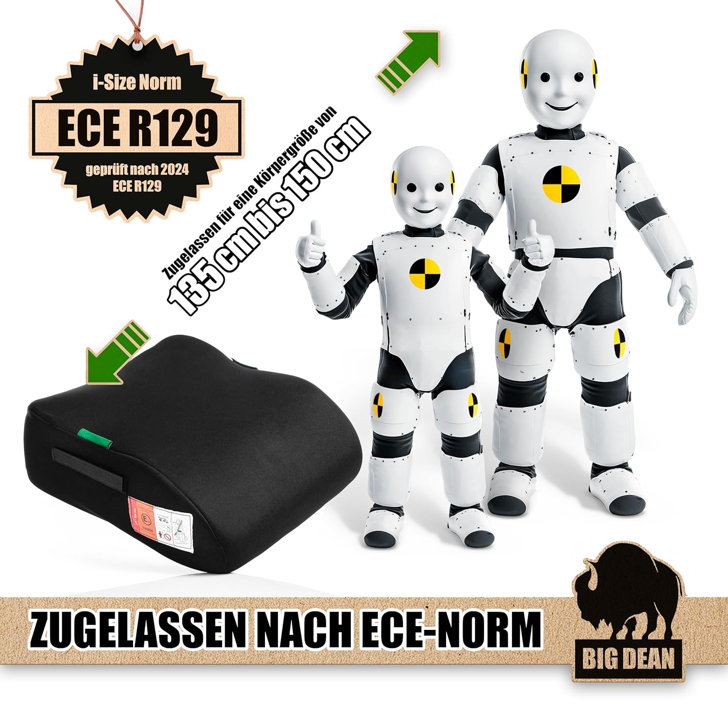 BigDean i - Size Kindersitzerhöhung R129, 135–150 cm, Schwarz