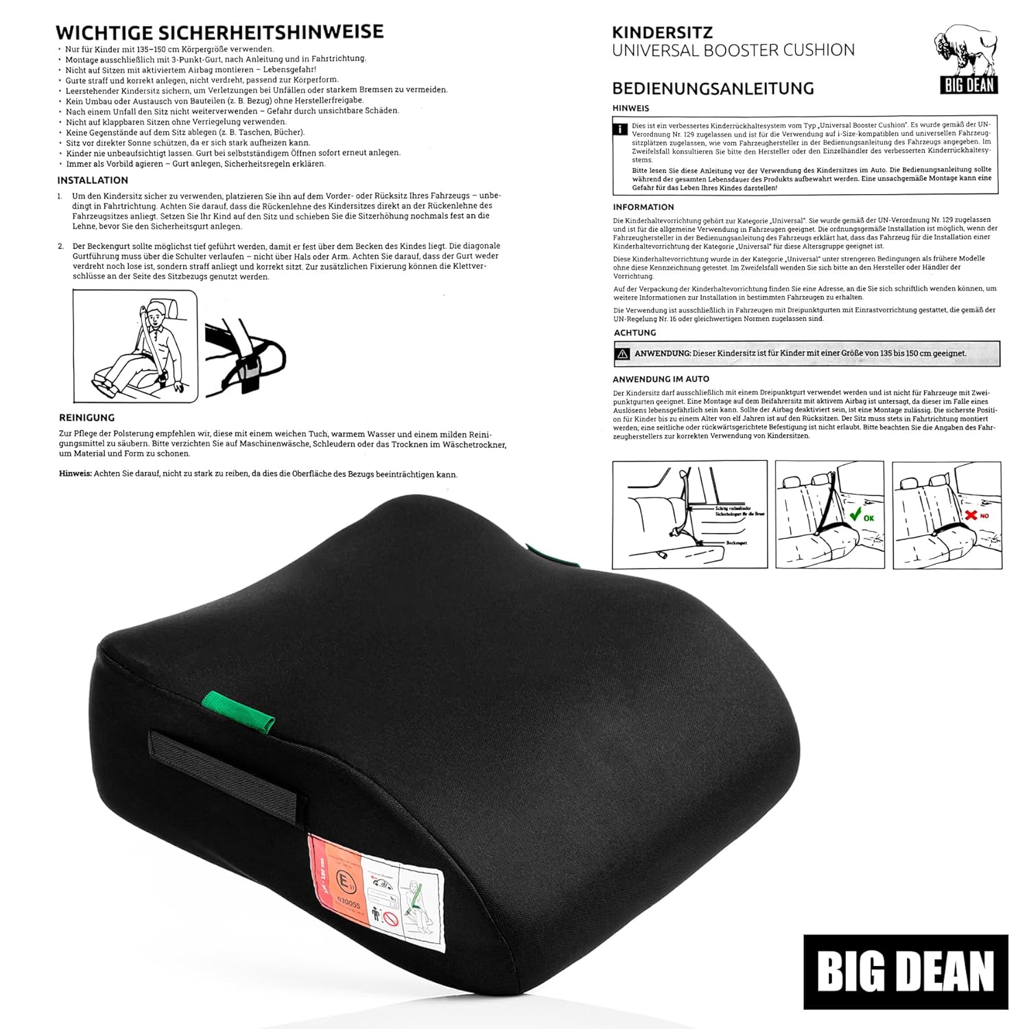 BigDean i - Size Kindersitzerhöhung R129, 135–150 cm, Schwarz