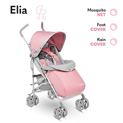 Buggy Lionelo Elia – bis 15 kg, Rücken - & Fußstütze verstellbar, mit Moskitonetz – Farbe: Rosa