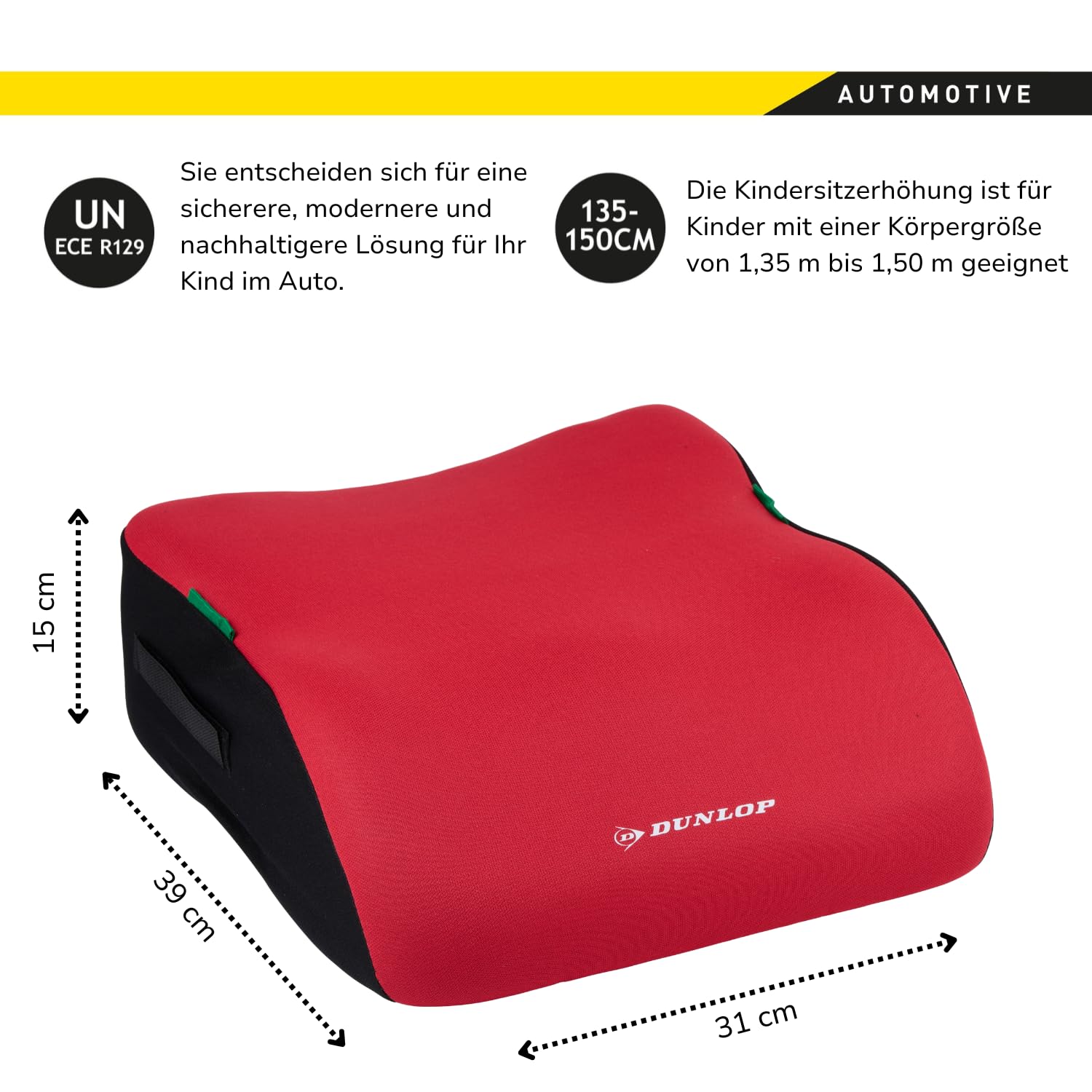 Dunlop Kindersitzerhöhung R129, 135–150 cm, Rot, Waschbarer Bezug