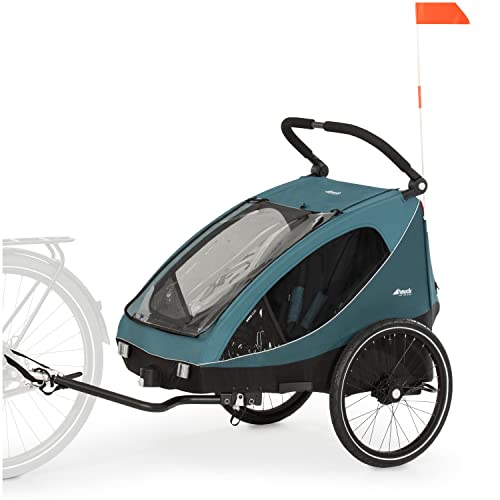Fahrradanhänger Hauck Dryk Duo – für 2 Kinder, mit Buggyrad & Fahne – Petrol