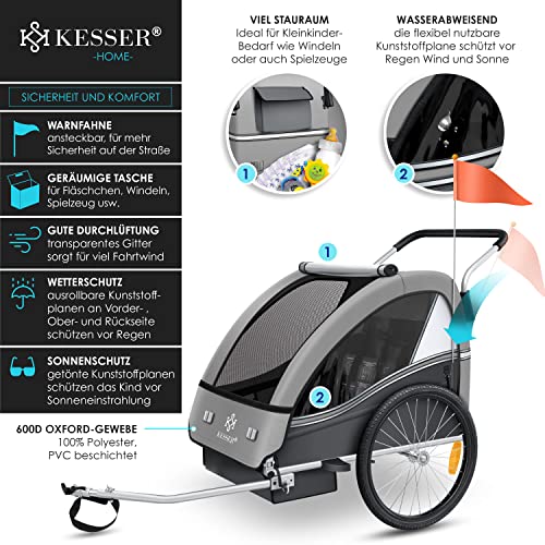 Fahrradanhänger KESSER® Sport - RX 2 - in - 1 – Joggerfunktion, für 1–2 Kinder – Hellgrau