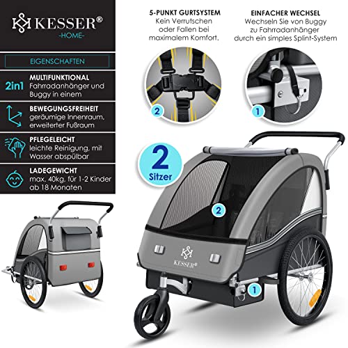 Fahrradanhänger KESSER® Sport - RX 2 - in - 1 – Joggerfunktion, für 1–2 Kinder – Hellgrau