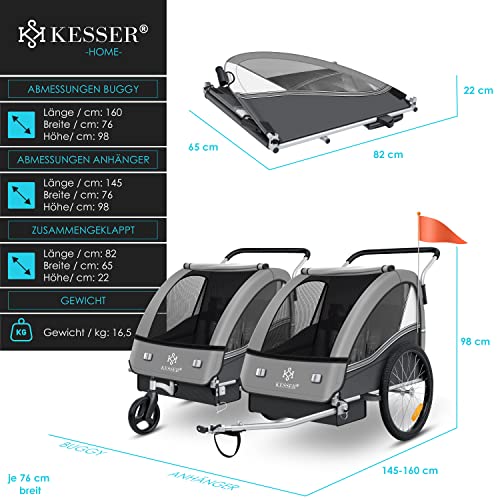 Fahrradanhänger KESSER® Sport - RX 2 - in - 1 – Joggerfunktion, für 1–2 Kinder – Hellgrau