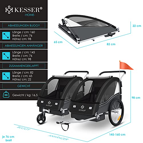 Fahrradanhänger KESSER® Sport - RX 2 - in - 1 – mit Joggerfunktion & Sicherheitsgurt – Schwarz/Grau