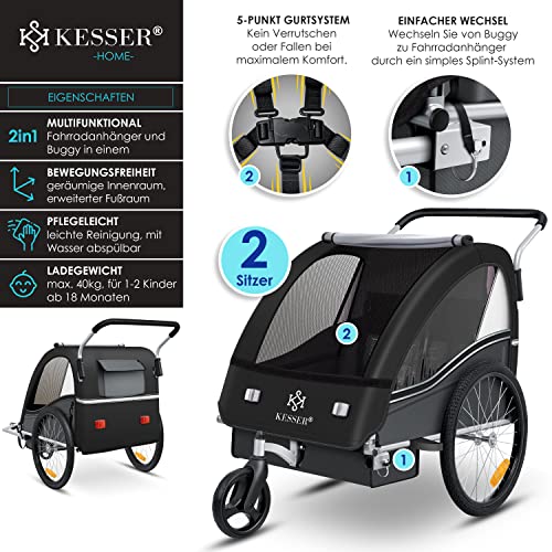 Fahrradanhänger KESSER® Sport - RX 2 - in - 1 – mit Joggerfunktion & Sicherheitsgurt – Schwarz/Grau