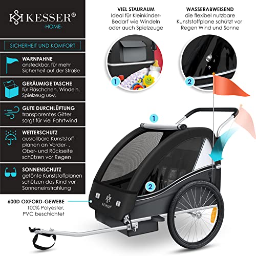 Fahrradanhänger KESSER® Sport - RX 2 - in - 1 – mit Joggerfunktion & Sicherheitsgurt – Schwarz/Grau