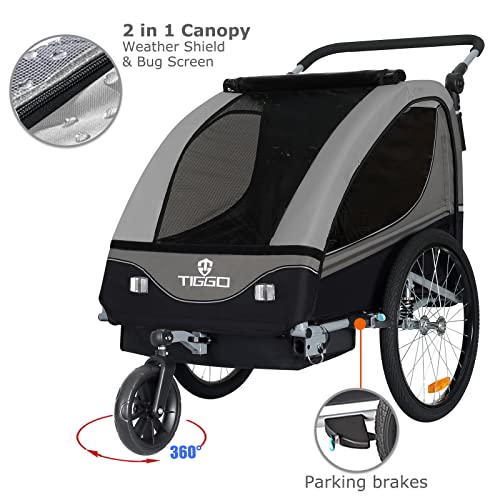 Fahrradanhänger Tiggo S2 2 - in - 1 – mit Federung & Joggerfunktion, 360° drehbar – Grau