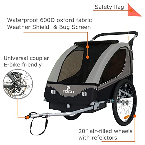 Fahrradanhänger Tiggo S2 2 - in - 1 – mit Federung & Joggerfunktion, 360° drehbar – Grau