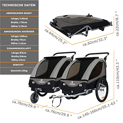 Fahrradanhänger Tiggo S2 2 - in - 1 – mit Federung & Joggerfunktion, 360° drehbar – Grau