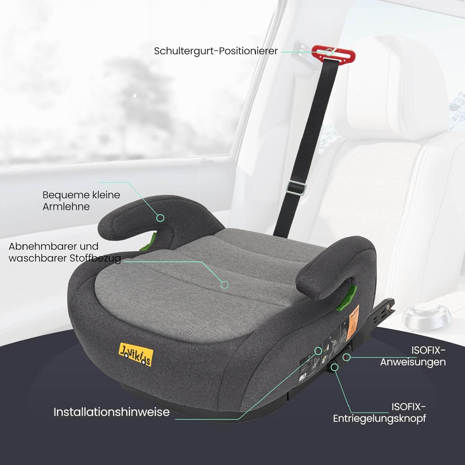 Jovikids Sitzerhöhung ISOFIX i - Size 125–150 cm, Waschbar, Schwarz