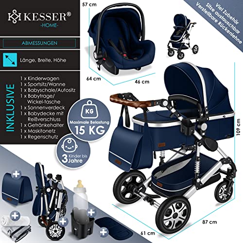 Kinderwagen KESSER® Loops 3 - in - 1 Set – mit Wanne, Buggy & Babyschale – Blau/Silber