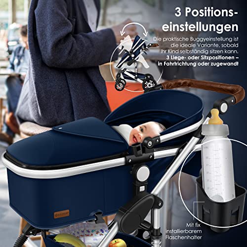 Kinderwagen KESSER® Loops 3 - in - 1 Set – mit Wanne, Buggy & Babyschale – Blau/Silber