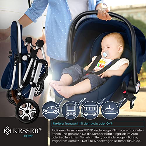 Kinderwagen KESSER® Loops 3 - in - 1 Set – mit Wanne, Buggy & Babyschale – Blau/Silber