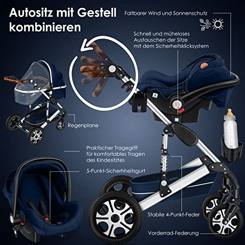 Kinderwagen KESSER® Loops 3 - in - 1 Set – mit Wanne, Buggy & Babyschale – Blau/Silber