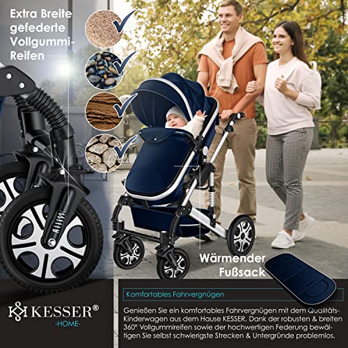 Kinderwagen KESSER® Loops 3 - in - 1 Set – mit Wanne, Buggy & Babyschale – Blau/Silber