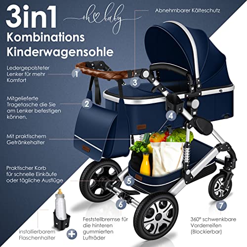 Kinderwagen KESSER® Loops 3 - in - 1 Set – mit Wanne, Buggy & Babyschale – Blau/Silber