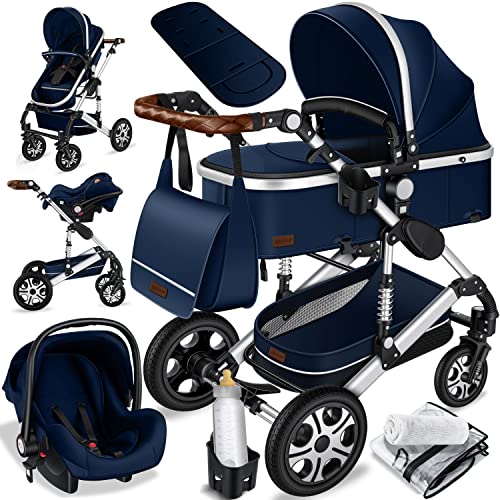 Kinderwagen KESSER® Loops 3 - in - 1 Set – mit Wanne, Buggy & Babyschale – Blau/Silber