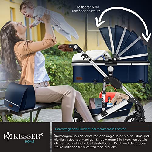 Kinderwagen KESSER® Loops 3 - in - 1 Set – mit Wanne, Buggy & Babyschale – Blau/Silber