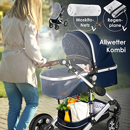 Kinderwagen KESSER® Loops 3 - in - 1 Set – mit Wanne, Buggy & Babyschale – Blau/Silber