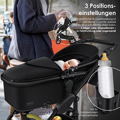 Kinderwagen KESSER® Loops 3 - in - 1 Set – mit Wanne, Buggy & Babyschale – Schwarz/Schwarz