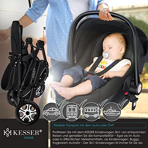 Kinderwagen KESSER® Loops 3 - in - 1 Set – mit Wanne, Buggy & Babyschale – Schwarz/Schwarz