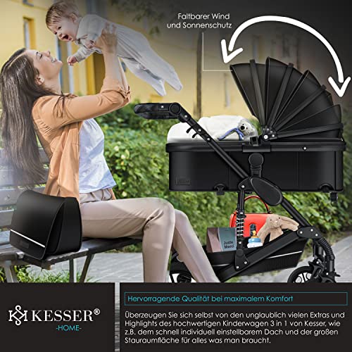 Kinderwagen KESSER® Loops 3 - in - 1 Set – mit Wanne, Buggy & Babyschale – Schwarz/Schwarz