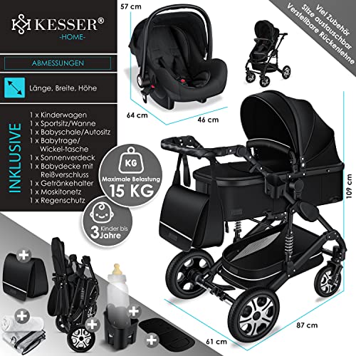 Kinderwagen KESSER® Loops 3 - in - 1 Set – mit Wanne, Buggy & Babyschale – Schwarz/Schwarz