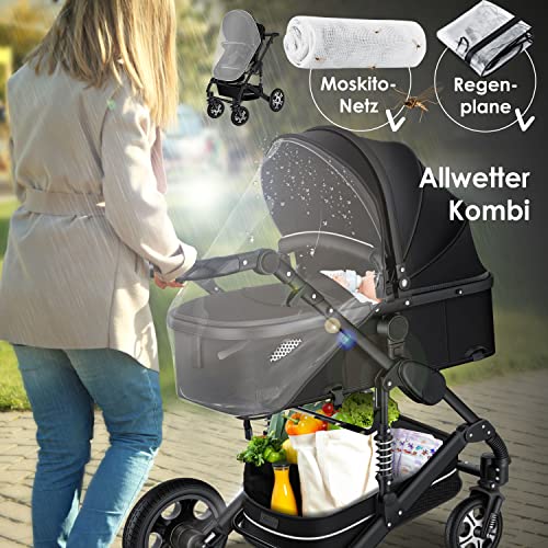 Kinderwagen KESSER® Loops 3 - in - 1 Set – mit Wanne, Buggy & Babyschale – Schwarz/Schwarz