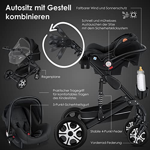 Kinderwagen KESSER® Loops 3 - in - 1 Set – mit Wanne, Buggy & Babyschale – Schwarz/Schwarz