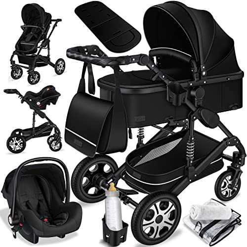 Kinderwagen KESSER® Loops 3 - in - 1 Set – mit Wanne, Buggy & Babyschale – Schwarz/Schwarz