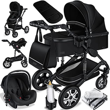 Kinderwagen KESSER® Loops 3 - in - 1 Set – mit Wanne, Buggy & Babyschale – Schwarz/Schwarz