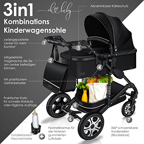 Kinderwagen KESSER® Loops 3 - in - 1 Set – mit Wanne, Buggy & Babyschale – Schwarz/Schwarz