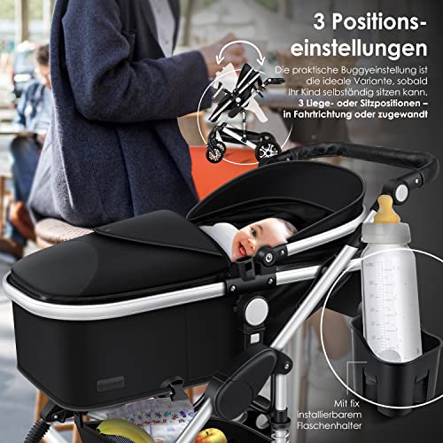 Kinderwagen KESSER® Loops 3 - in - 1 Set – mit Wanne, Buggy & Babyschale – Schwarz/Silber