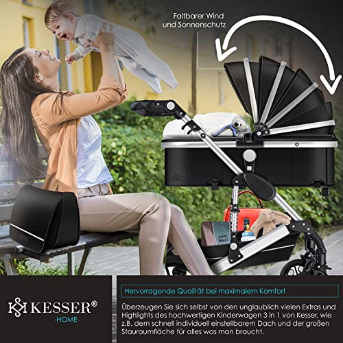 Kinderwagen KESSER® Loops 3 - in - 1 Set – mit Wanne, Buggy & Babyschale – Schwarz/Silber