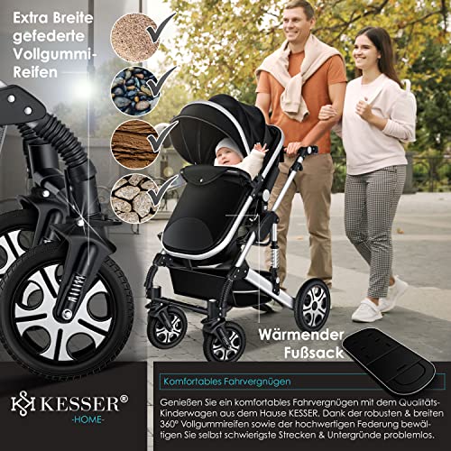 Kinderwagen KESSER® Loops 3 - in - 1 Set – mit Wanne, Buggy & Babyschale – Schwarz/Silber