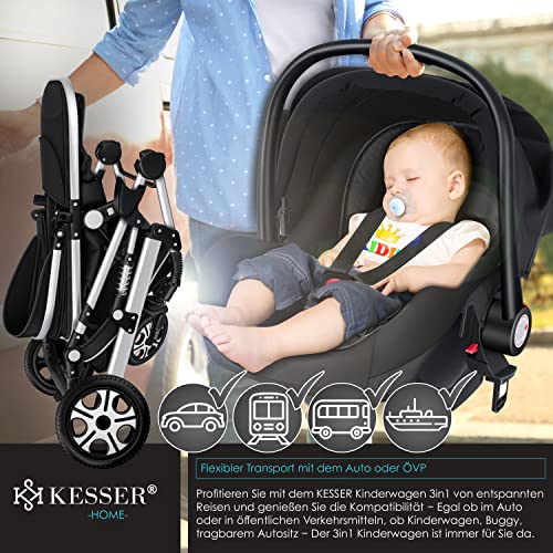 Kinderwagen KESSER® Loops 3 - in - 1 Set – mit Wanne, Buggy & Babyschale – Schwarz/Silber