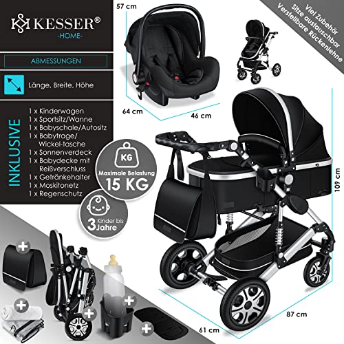 Kinderwagen KESSER® Loops 3 - in - 1 Set – mit Wanne, Buggy & Babyschale – Schwarz/Silber