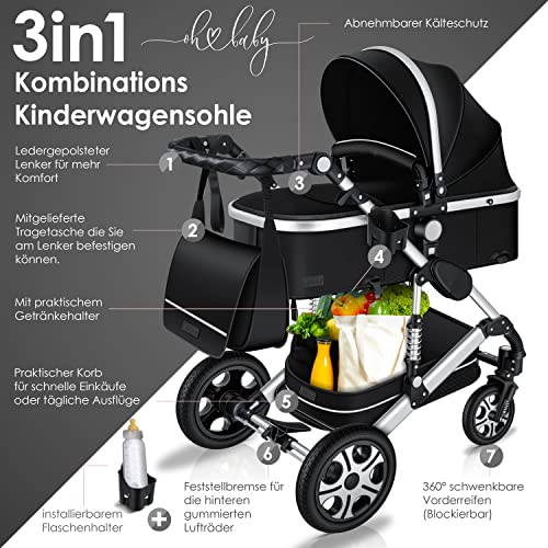 Kinderwagen KESSER® Loops 3 - in - 1 Set – mit Wanne, Buggy & Babyschale – Schwarz/Silber