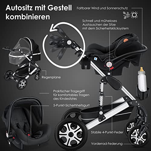 Kinderwagen KESSER® Loops 3 - in - 1 Set – mit Wanne, Buggy & Babyschale – Schwarz/Silber