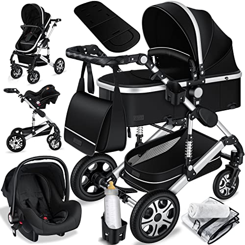Kinderwagen KESSER® Loops 3 - in - 1 Set – mit Wanne, Buggy & Babyschale – Schwarz/Silber