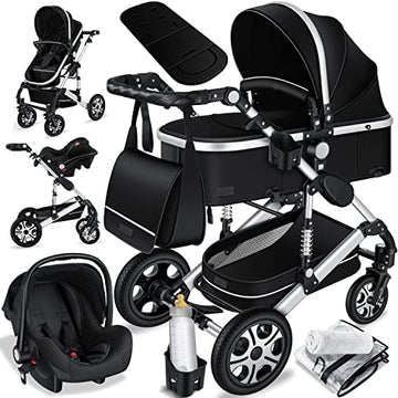 Kinderwagen KESSER® Loops 3 - in - 1 Set – mit Wanne, Buggy & Babyschale – Schwarz/Silber