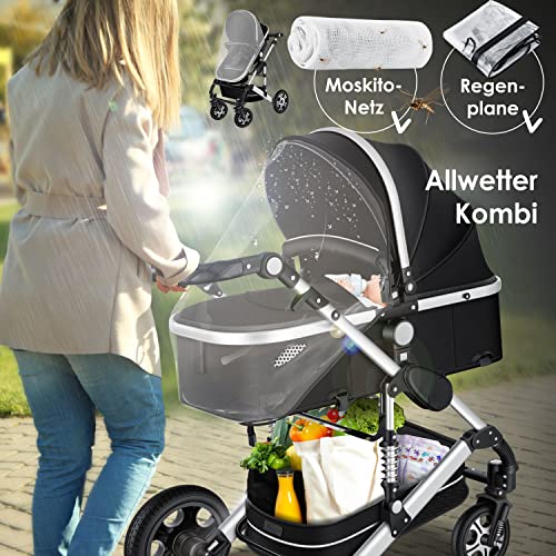 Kinderwagen KESSER® Loops 3 - in - 1 Set – mit Wanne, Buggy & Babyschale – Schwarz/Silber