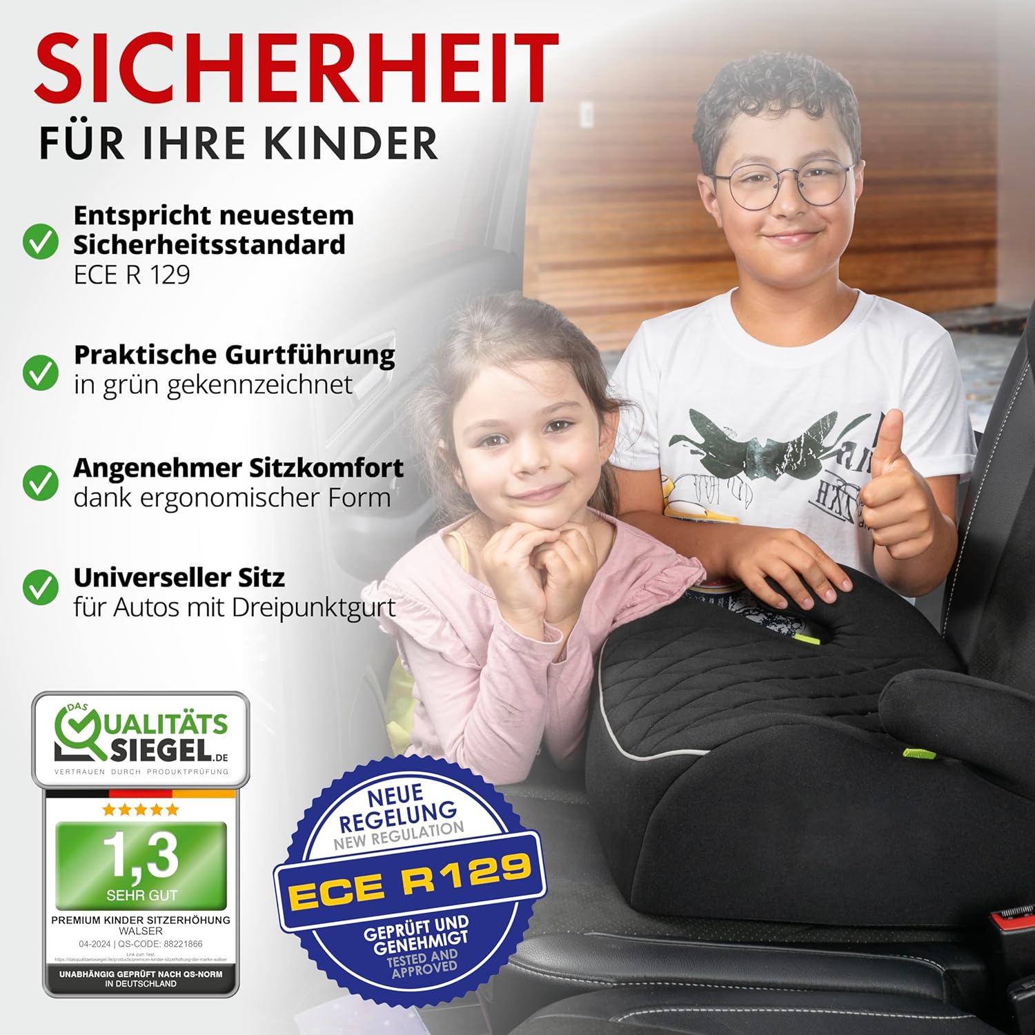 WALSER Andy Sitzerhöhung Auto i - Size R129, 125–150 cm, Schwarz